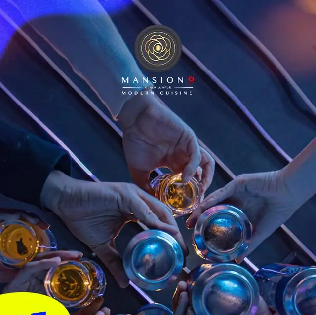 Mansion 9 (9號公館): Overhead shot of hands clinking beer cans and whisky glasses, Mansion 9 logo overlaid